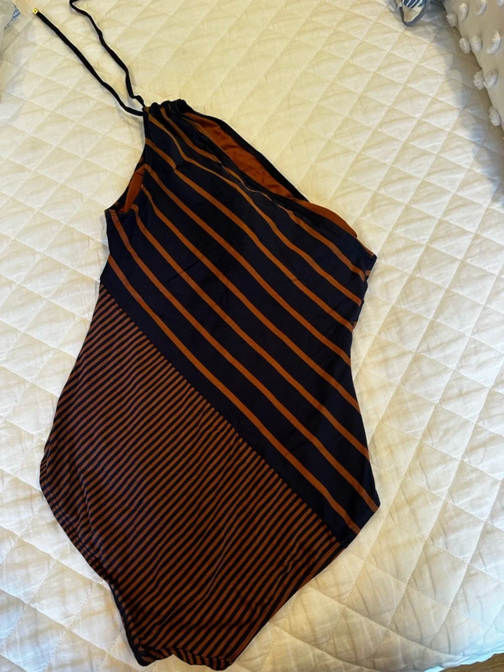 DKNY Navy and Rust Striped One-Shoulder One-Piece Swimsuit - Picture 2 of 3